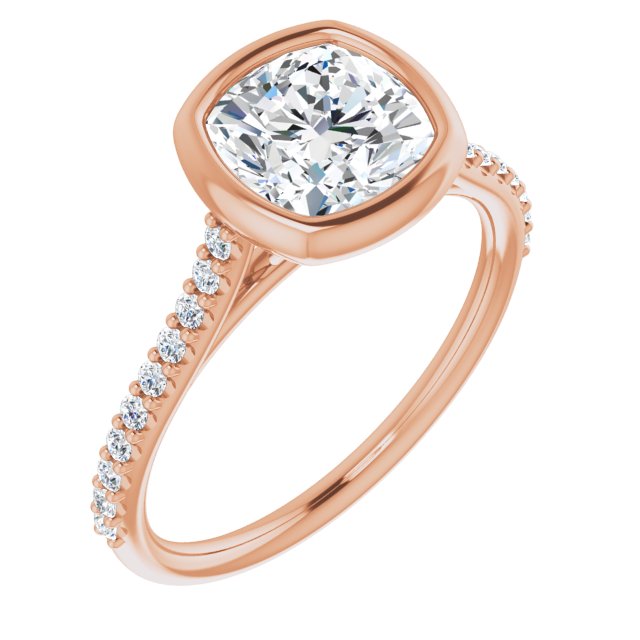 LAYLA Bezel Solitaire Cushion Engagement Ring with Shoulder Diamonds - 18K Rose Gold - View 1