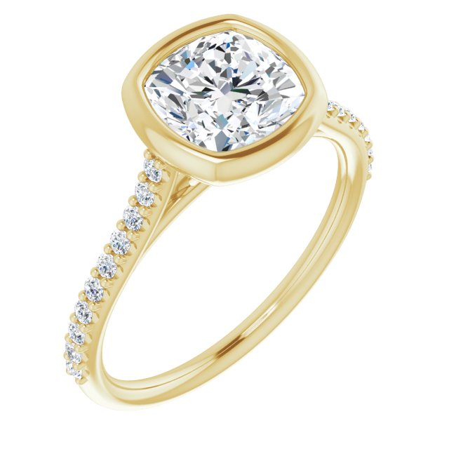 LAYLA Bezel Solitaire Cushion Engagement Ring with Shoulder Diamonds - 18K Yellow Gold - View 1