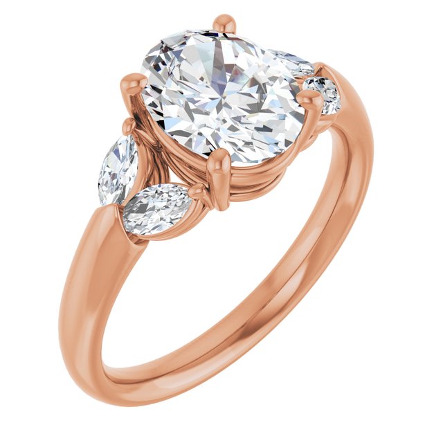 ELIZABETH Solitaire Oval Engagement Ring with Marquise Shoulder Diamonds - 18K Rose Gold - View 1