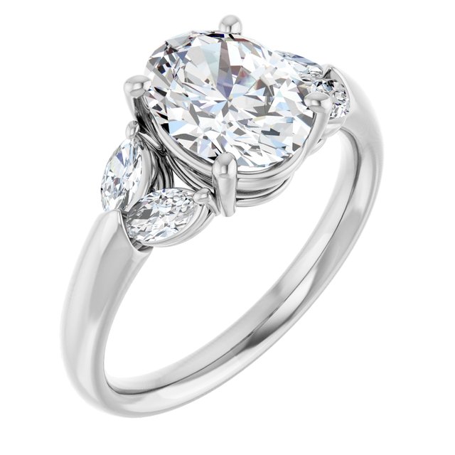 ELIZABETH Solitaire Oval Engagement Ring with Marquise Shoulder Diamonds - Platinum - View 1