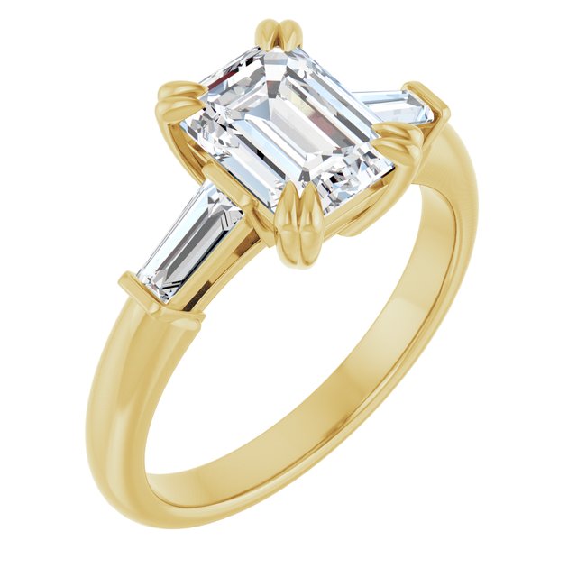 AMAL Double 4 Claw Emerald Engagement Ring with Tapered Baguettes - 18K Yellow Gold - View 1