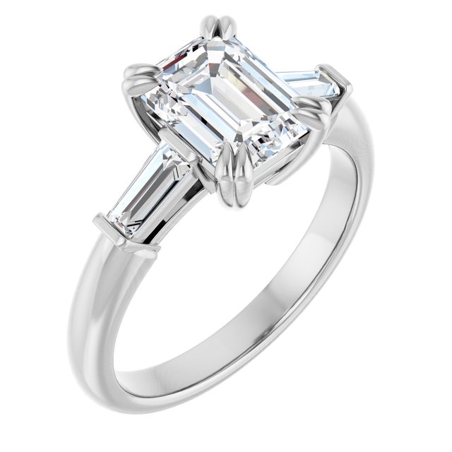 AMAL Double 4 Claw Emerald Engagement Ring with Tapered Baguettes - Platinum - View 1
