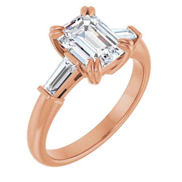 AMAL Double 4 Claw Emerald Engagement Ring with Tapered Baguettes - 18K Rose Gold - View 1