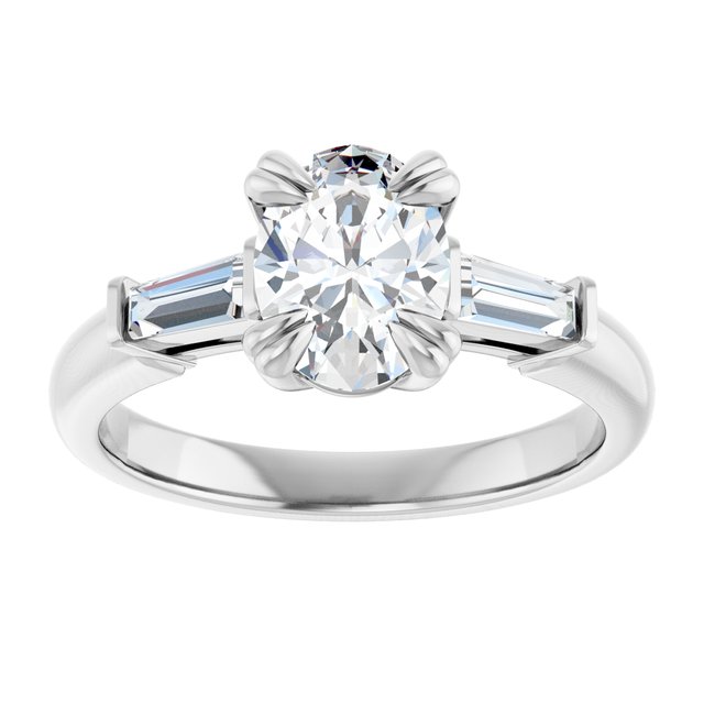 AMAL Double 4 Claw Oval Engagement Ring with Tapered Baguettes - Platinum - View 3