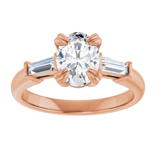 AMAL Double 4 Claw Oval Engagement Ring with Tapered Baguettes - 18K Rose Gold - View 3