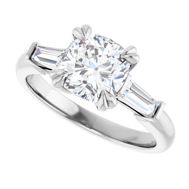 AMAL Double 4 Claw Cushion Engagement Ring with Tapered Baguettes - Platinum - View 5