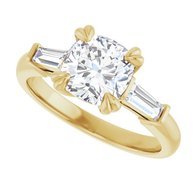 AMAL Double 4 Claw Cushion Engagement Ring with Tapered Baguettes - 18K Yellow Gold - View 5
