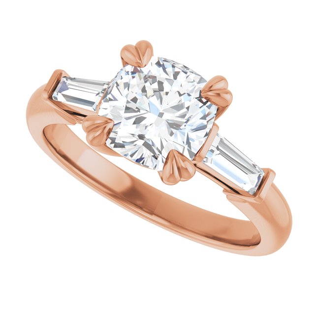 AMAL Double 4 Claw Cushion Engagement Ring with Tapered Baguettes - 18K Rose Gold - View 5