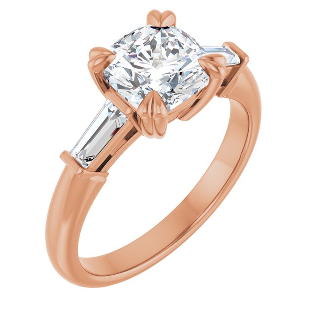 AMAL Double 4 Claw Cushion Engagement Ring with Tapered Baguettes - 18K Rose Gold - View 1