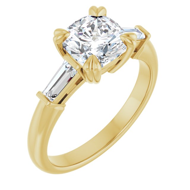 AMAL Double 4 Claw Cushion Engagement Ring with Tapered Baguettes - 18K Yellow Gold - View 1