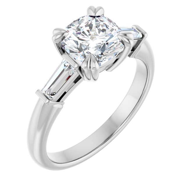 AMAL Double 4 Claw Cushion Engagement Ring with Tapered Baguettes - Platinum - View 1