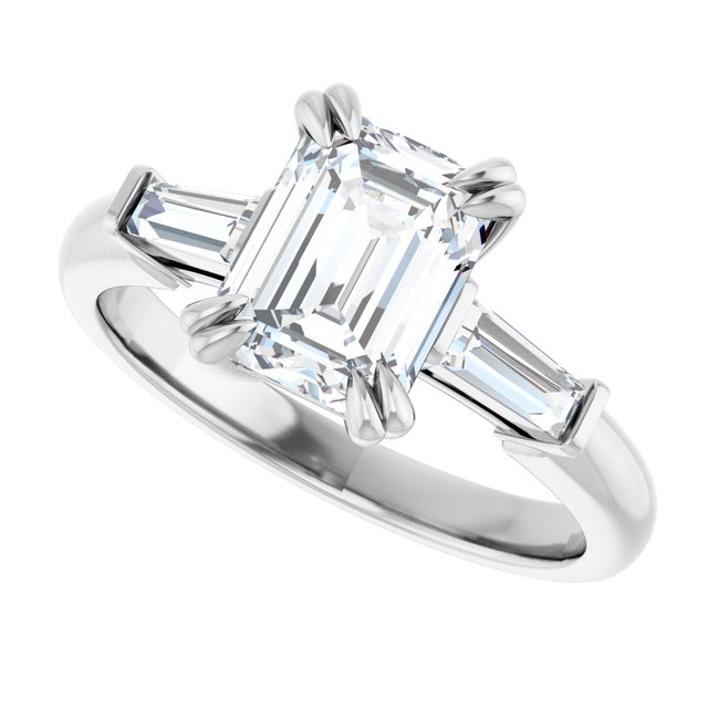 AMAL Double 4 Claw Emerald Engagement Ring with Tapered Baguettes - Platinum - View 5