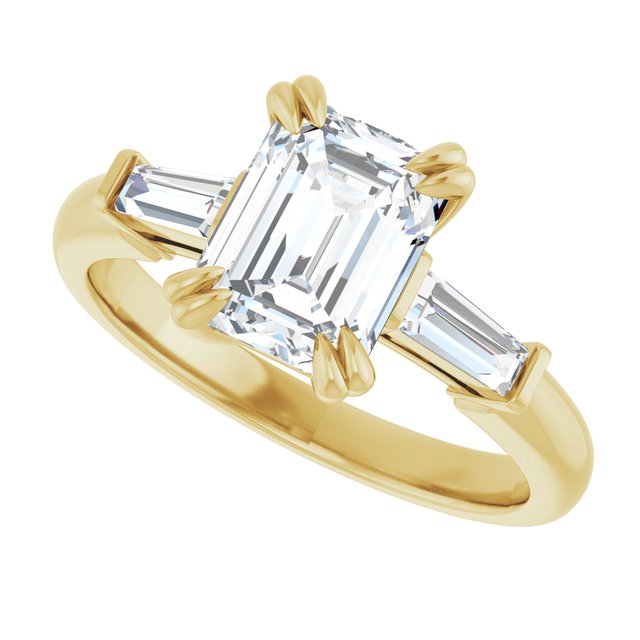 AMAL Double 4 Claw Emerald Engagement Ring with Tapered Baguettes - 18K Yellow Gold - View 5