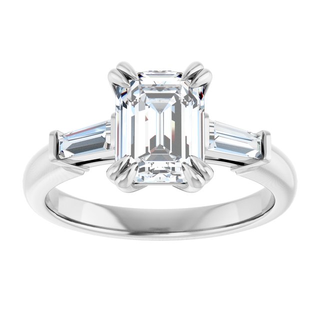 AMAL Double 4 Claw Emerald Engagement Ring with Tapered Baguettes - Platinum - View 3