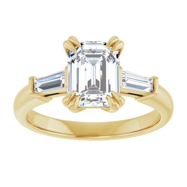 AMAL Double 4 Claw Emerald Engagement Ring with Tapered Baguettes - 18K Yellow Gold - View 3