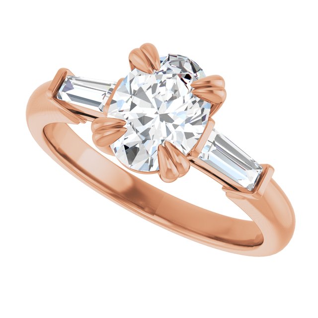 AMAL Double 4 Claw Oval Engagement Ring with Tapered Baguettes - 18K Rose Gold - View 5