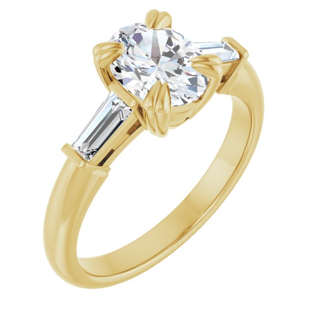 AMAL Double 4 Claw Oval Engagement Ring with Tapered Baguettes - 18K Yellow Gold - View 1
