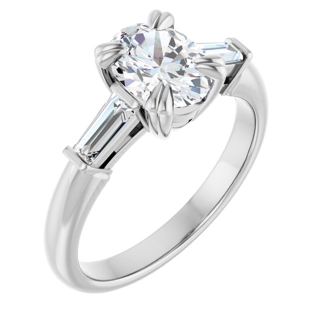 AMAL Double 4 Claw Oval Engagement Ring with Tapered Baguettes - Platinum - View 1