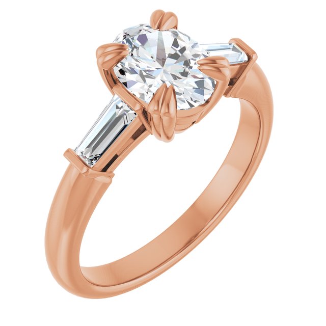AMAL Double 4 Claw Oval Engagement Ring with Tapered Baguettes - 18K Rose Gold - View 1