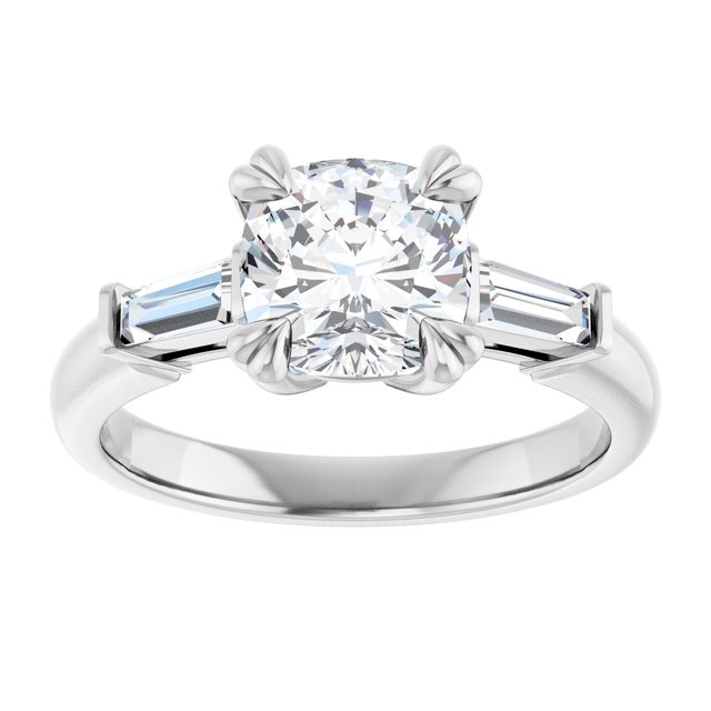 AMAL Double 4 Claw Cushion Engagement Ring with Tapered Baguettes - Platinum - View 3