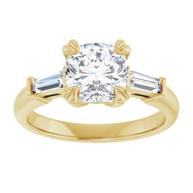 AMAL Double 4 Claw Cushion Engagement Ring with Tapered Baguettes - 18K Yellow Gold - View 3