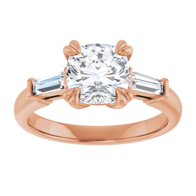 AMAL Double 4 Claw Cushion Engagement Ring with Tapered Baguettes - 18K Rose Gold - View 3