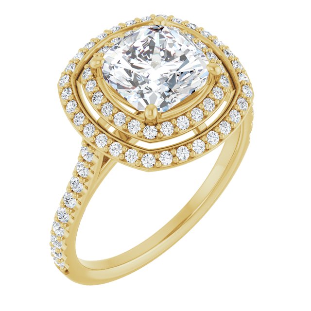 AMALIA Double Halo Cushion Engagement Ring with Shoulder Diamonds - 18K Yellow Gold - View 1