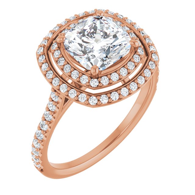 AMALIA Double Halo Cushion Engagement Ring with Shoulder Diamonds - 18K Rose Gold - View 1