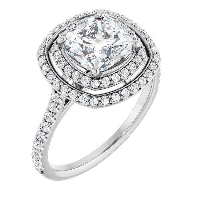 AMALIA Double Halo Cushion Engagement Ring with Shoulder Diamonds - Platinum - View 1