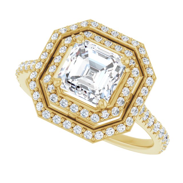 AMALIA Double Halo Asscher Engagement Ring with Shoulder Diamonds - 18K Yellow Gold - View 5