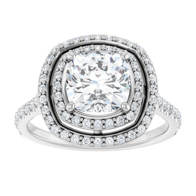 AMALIA Double Halo Cushion Engagement Ring with Shoulder Diamonds - Platinum - View 3