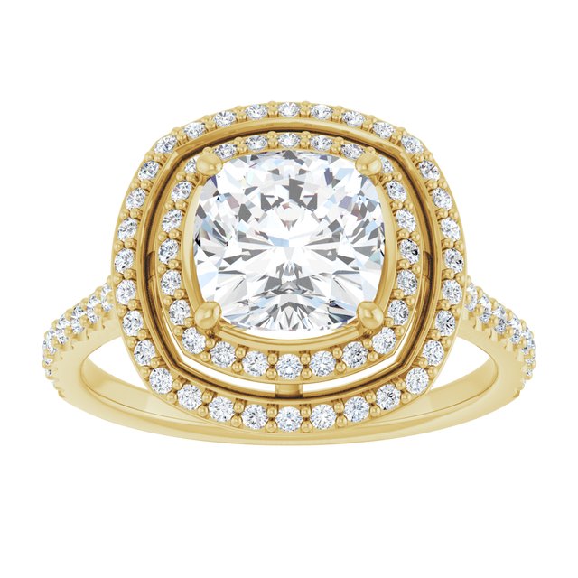 AMALIA Double Halo Cushion Engagement Ring with Shoulder Diamonds - 18K Yellow Gold - View 3