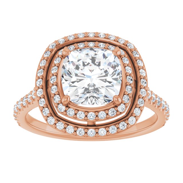 AMALIA Double Halo Cushion Engagement Ring with Shoulder Diamonds - 18K Rose Gold - View 3