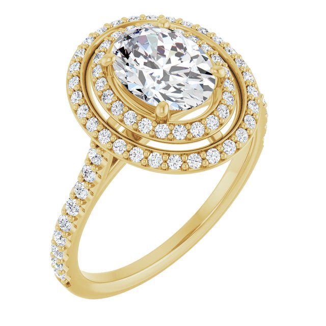 AMALIA Double Halo Oval Engagement Ring with Shoulder Diamonds - 18K Yellow Gold - View 1