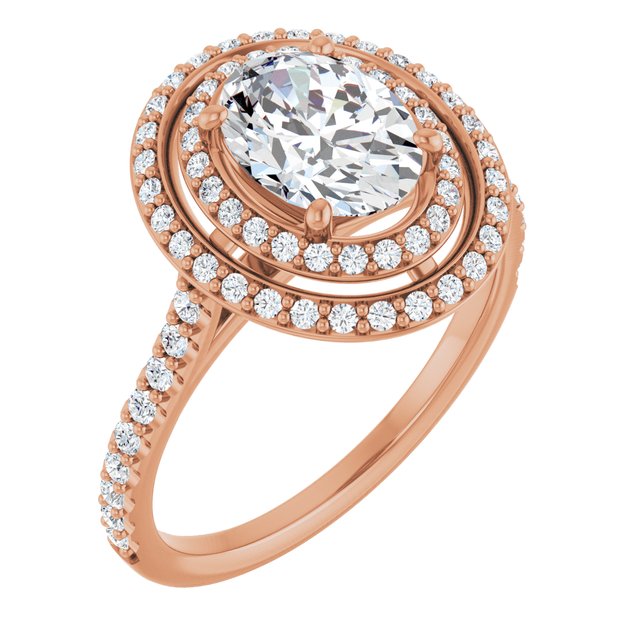 AMALIA Double Halo Oval Engagement Ring with Shoulder Diamonds - 18K Rose Gold - View 1