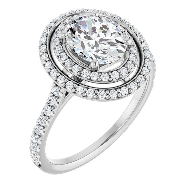 AMALIA Double Halo Oval Engagement Ring with Shoulder Diamonds - Platinum - View 1