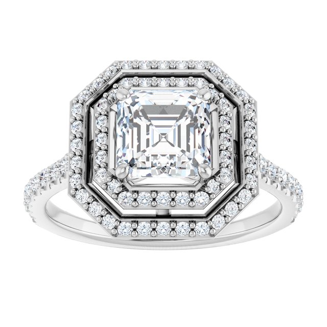 AMALIA Double Halo Asscher Engagement Ring with Shoulder Diamonds - Platinum - View 3