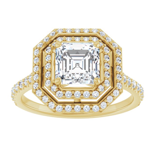 AMALIA Double Halo Asscher Engagement Ring with Shoulder Diamonds - 18K Yellow Gold - View 3