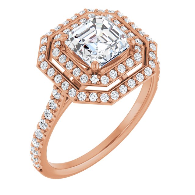 AMALIA Double Halo Asscher Engagement Ring with Shoulder Diamonds - 18K Rose Gold - View 1