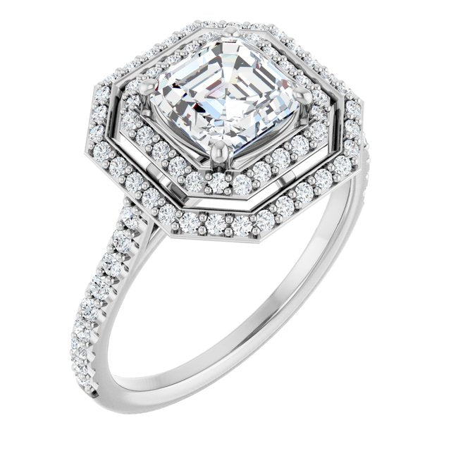 AMALIA Double Halo Asscher Engagement Ring with Shoulder Diamonds - Platinum - View 1