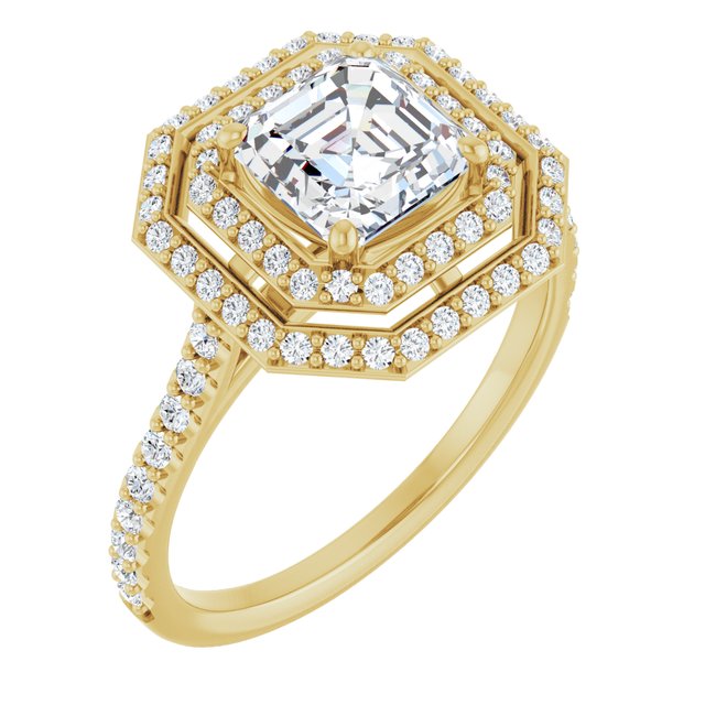 AMALIA Double Halo Asscher Engagement Ring with Shoulder Diamonds - 18K Yellow Gold - View 1