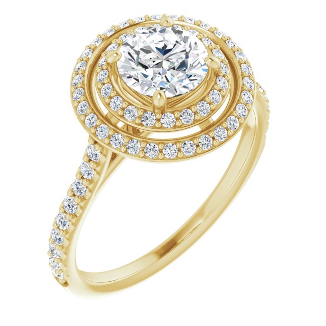 AMALIA Double Halo Round Engagement Ring with Shoulder Diamonds - 18K Yellow Gold - View 1