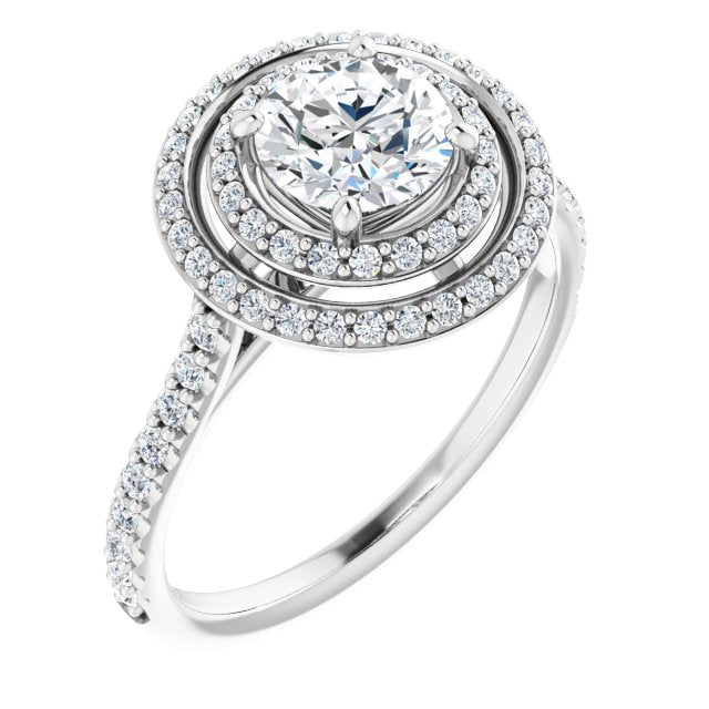 AMALIA Double Halo Round Engagement Ring with Shoulder Diamonds - Platinum - View 1