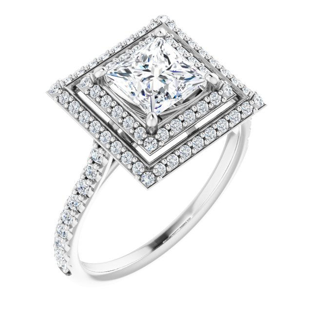 AMALIA Double Halo Square Engagement Ring with Shoulder Diamonds - Platinum - View 1