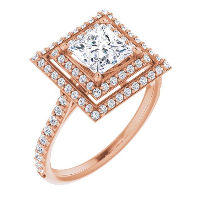 AMALIA Double Halo Square Engagement Ring with Shoulder Diamonds - 10K Rose Gold - View 1