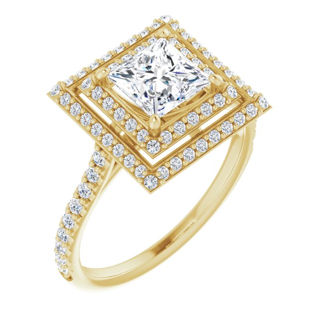 AMALIA Double Halo Square Engagement Ring with Shoulder Diamonds - 18K Yellow Gold - View 1