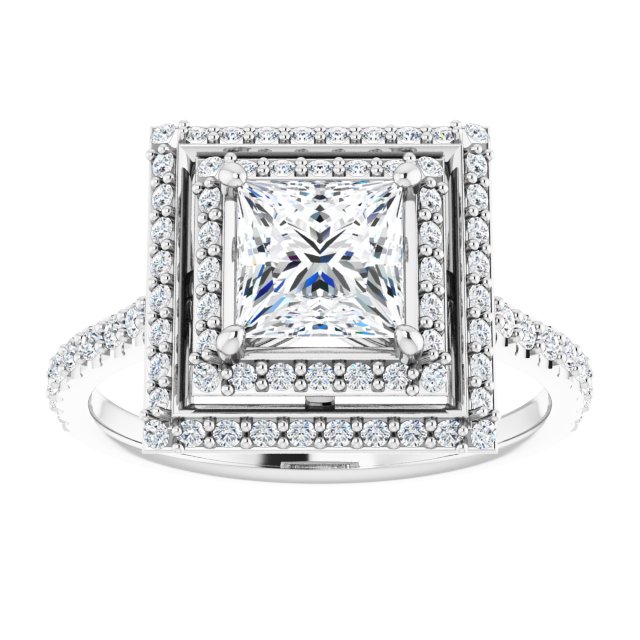 AMALIA Double Halo Square Engagement Ring with Shoulder Diamonds - 18K White Gold - View 3