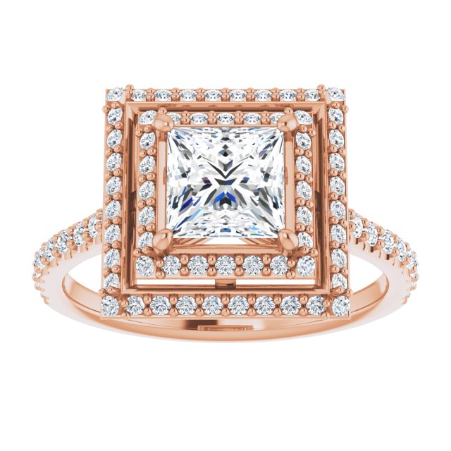 AMALIA Double Halo Square Engagement Ring with Shoulder Diamonds - 18K Rose Gold - View 3