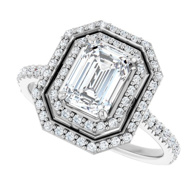 AMALIA Double Halo Emerald Engagement Ring with Shoulder Diamonds - Platinum - View 5