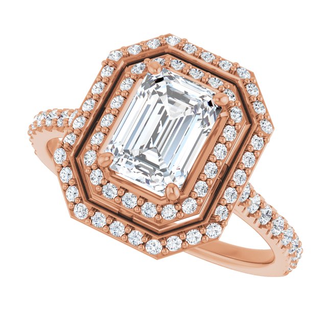 AMALIA Double Halo Emerald Engagement Ring with Shoulder Diamonds - 18K Rose Gold - View 5